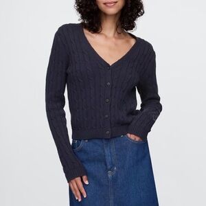 GAP Cable Knit Cardigan V-Neck Button Front 100% Cotton Navy Blue Size L Petite